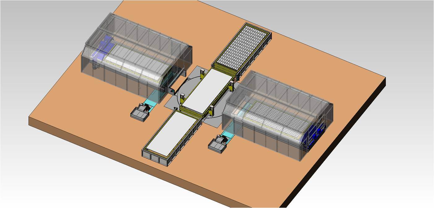 Graphic depicting an aerial view of storage towers and turntable feeding systems from Messer.